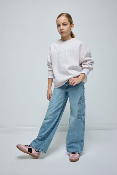 بنطلون جينز بناتي برجل واسع وايد ليج بجيب كارجو