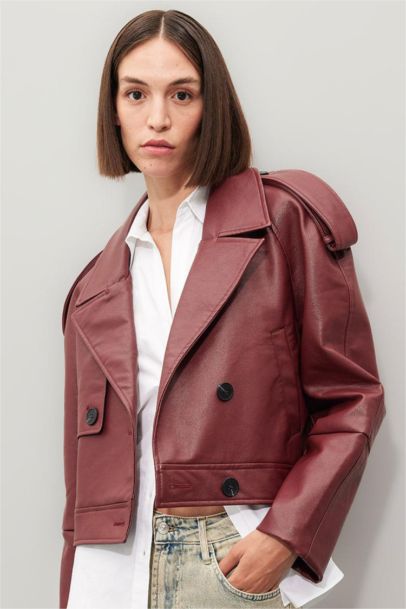 Oversize Geniş Kalıp Smokin Yaka Apoletli Suni Deri Ceket Mont