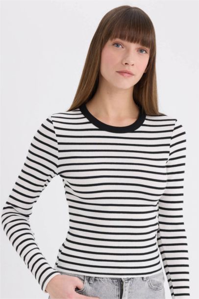 Slim Fit Crew Neck Striped Long Sleeve T-Shirt