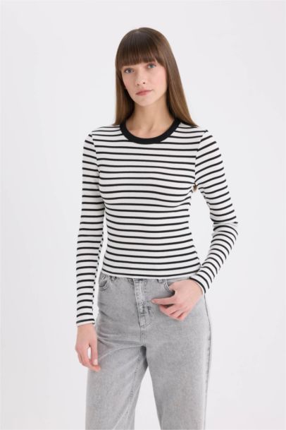 Slim Fit Crew Neck Striped Long Sleeve T-Shirt