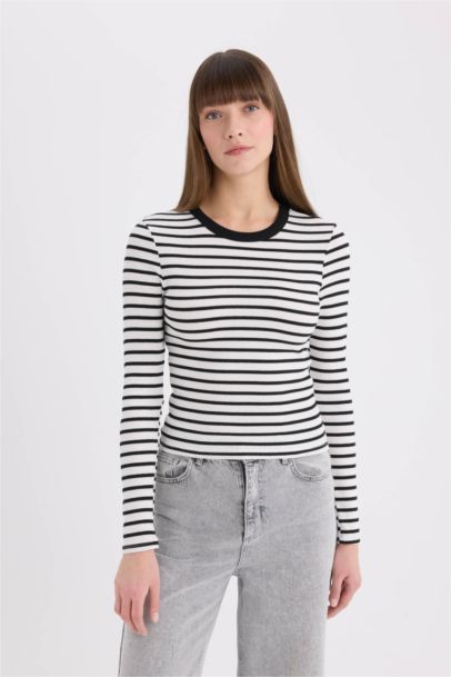 Slim Fit Crew Neck Striped Long Sleeve T-Shirt