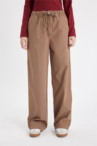 Straight Fit Poplin Pantolon Basic Düz Cepli Lastikli Bel Bağcıklı