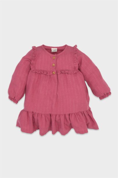 فستان بناتي مكشكش قصة عادية ردن طويل من قماش لامع