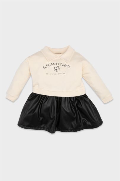 Baby Girl Floral Printed Faux Leather Skirted Sweatshirt Dress