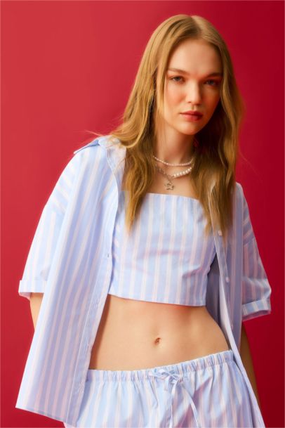 Oversize Fit Striped Poplin Short Sleeve Shirt