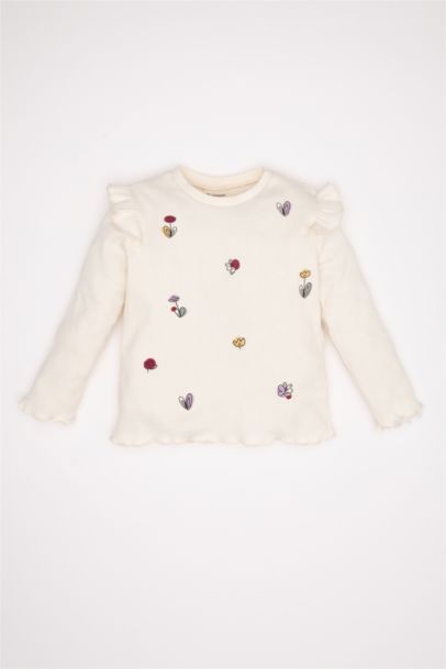 T-Shirt Jersey à Fleurs Col Rond à Manches Longues pour Bébé Fille