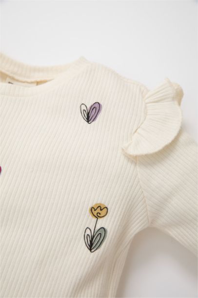 T-Shirt Jersey à Fleurs Col Rond à Manches Longues pour Bébé Fille