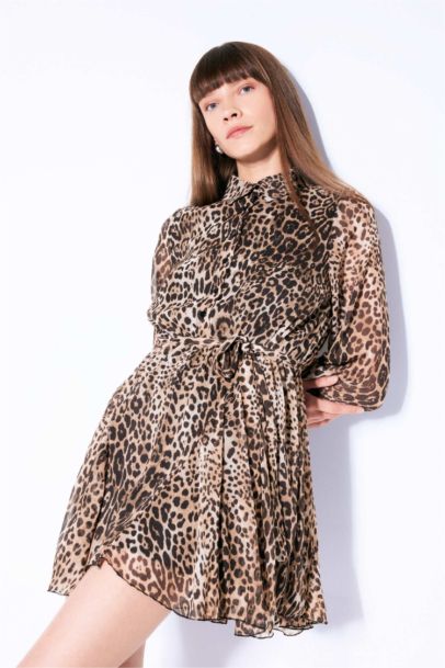 Shirt Collar Leopard Buttoned Belted Mini Dress