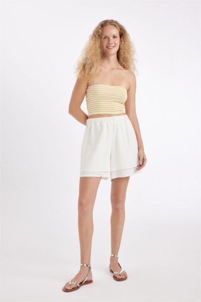 شورت قصير قصة عادية ممزوج بالكتان وخصر عادي