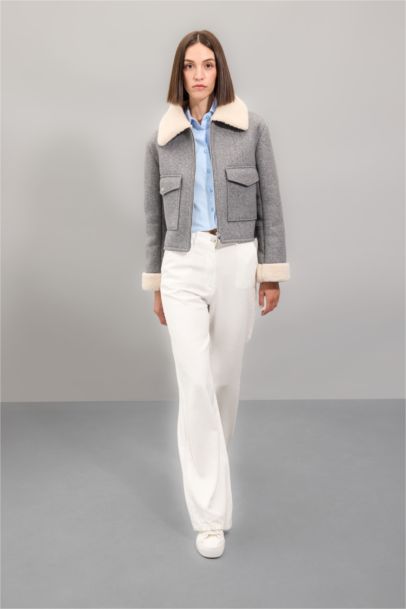 Suni Kürklü Polo Yaka Kısa Kaşe Kaban Fermuarlı Cepli Pelüş Astarlı