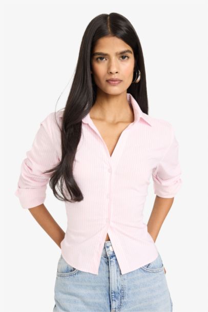 قميص كم طويل سليم فيت برقبة قميص