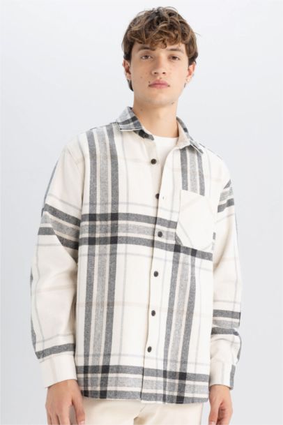 Regular Fit Polo Neck Plaid Long Sleeve Shirt