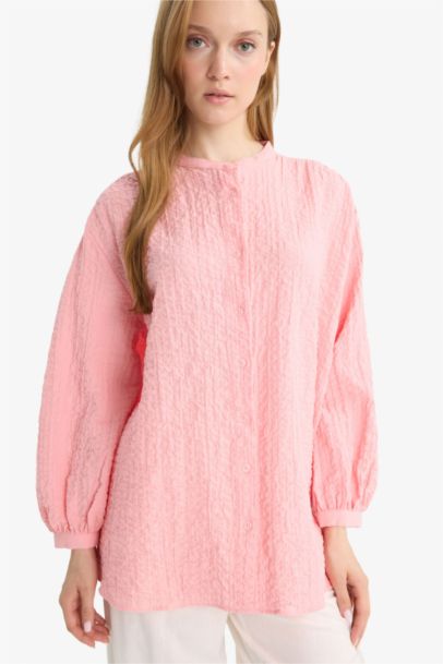 Relax Fit Crew Neck Seersucker Long Sleeve Tunic
