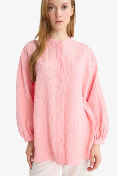 Relax Fit Crew Neck Seersucker Long Sleeve Tunic