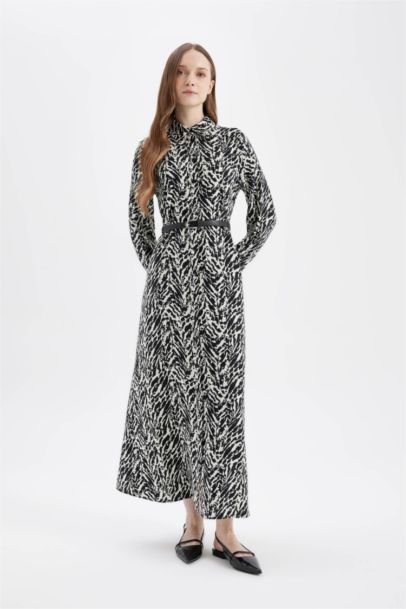 Shirt Collar Printed Long Sleeve Basic Dress