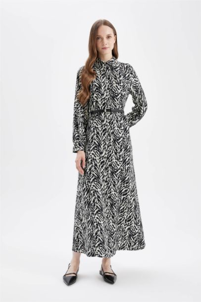 Shirt Collar Printed Long Sleeve Basic Dress