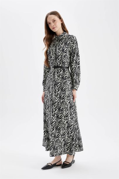 Shirt Collar Printed Long Sleeve Basic Dress