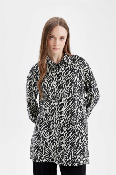 Relax Fit Shirt Collar Patterned Long Sleeve Shirt Tunic