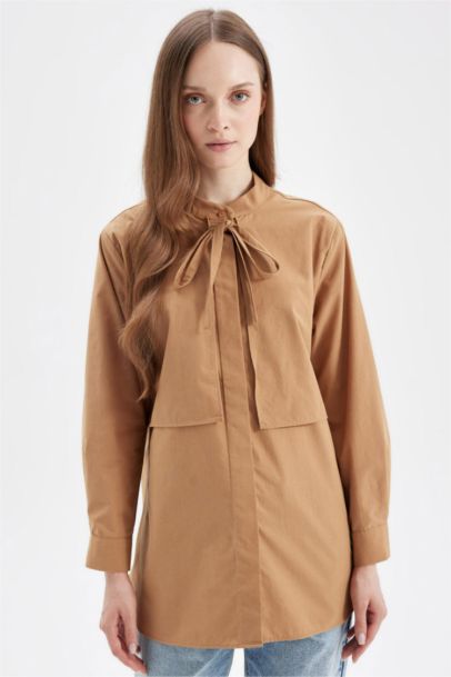 Relax Fit Fiyonk Yaka Poplin Uzun Kollu Gömlek Tunik