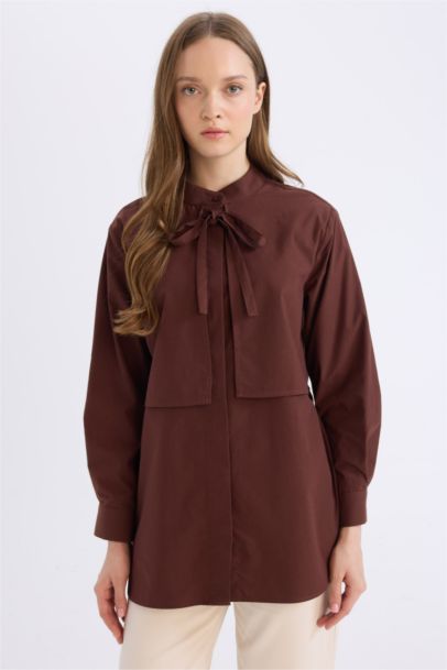 تونيك كم طويل من بوبلين قصة مريحة برقبة شال