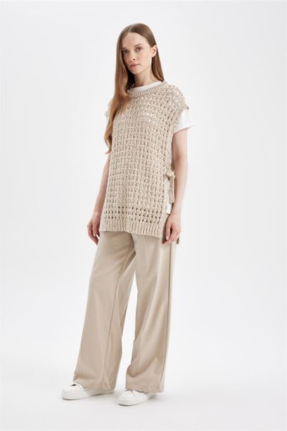 Bisiklet Yaka Yandan Bağlamalı Ajurlu Triko Süveter