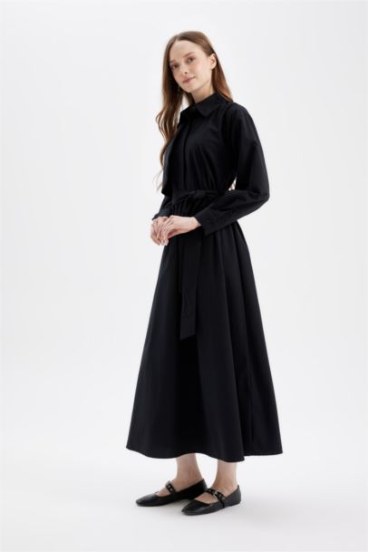 Gömlek Yaka Basic Düz Düğmeli Kemerli Poplin Uzun Kollu Maxi Siyah Elbise