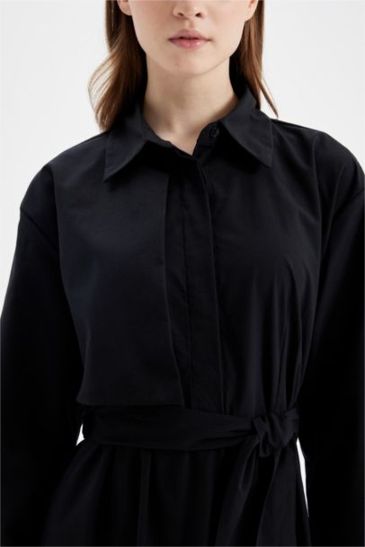 Gömlek Yaka Basic Düz Düğmeli Kemerli Poplin Uzun Kollu Maxi Siyah Elbise