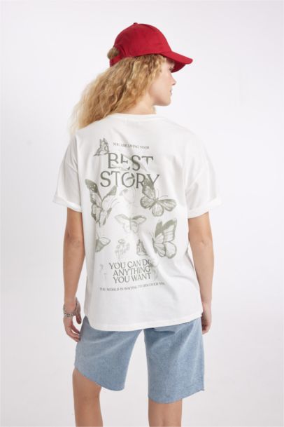 تي شيرت نص كم اوفر سايز مطبوع بياقة مستديرة