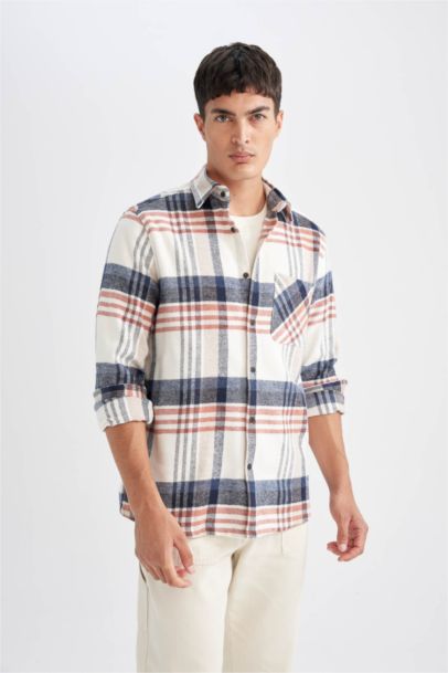Regular Fit Polo Neck Plaid Flannel Shirt