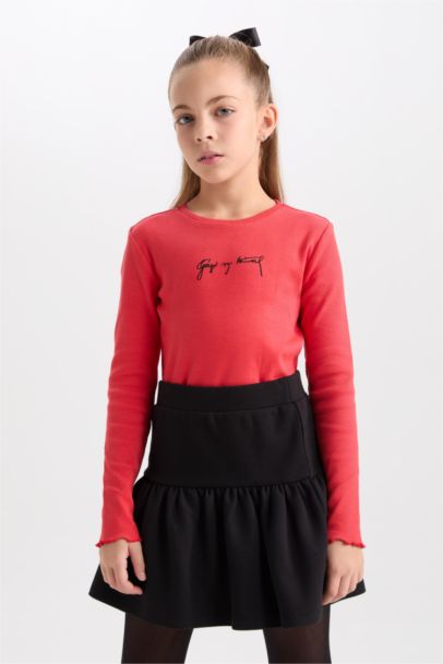 2'li Takım Bisiklet Yaka Atatürk Nakışlı Kırmızı Ribana Uzun Kollu Tişört Fiyonk Toka Kız Çocuk