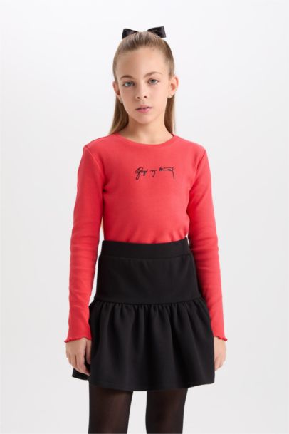 2'li Takım Bisiklet Yaka Atatürk Nakışlı Kırmızı Ribana Uzun Kollu Tişört Fiyonk Toka Kız Çocuk