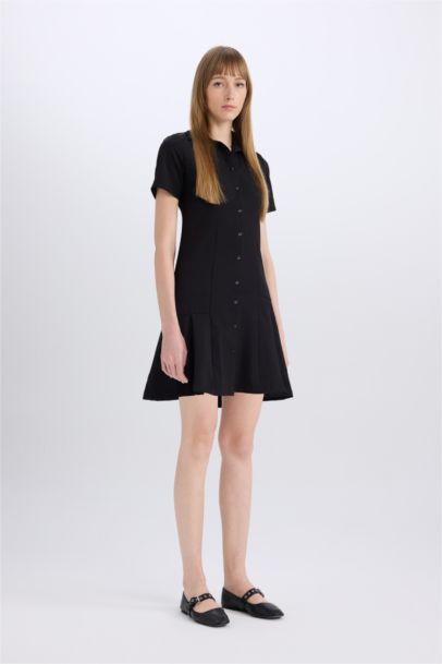 Polo Neck Basic Short Sleeve Pleated Mini Dress
