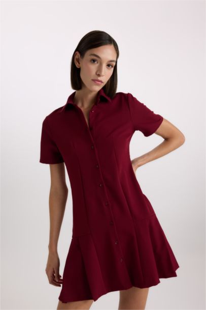 Polo Collar Basic Short Sleeve Pleated Mini Dress