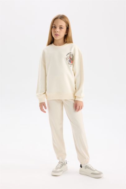 Relax Fit Bisiklet Yaka Baskılı İçi Yumuşak Tüylü Okul Sweatshirt Kız Çocuk