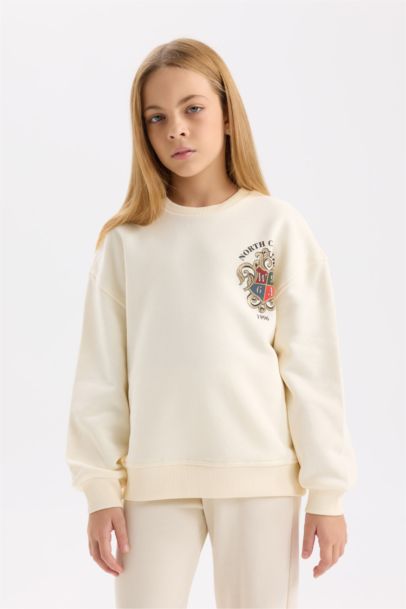 Relax Fit Bisiklet Yaka Baskılı İçi Yumuşak Tüylü Okul Sweatshirt Kız Çocuk