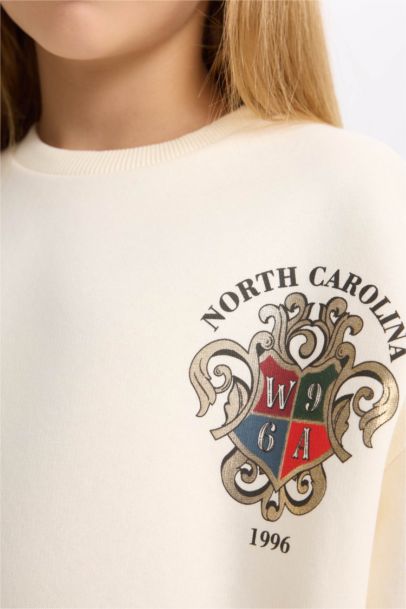 Relax Fit Bisiklet Yaka Baskılı İçi Yumuşak Tüylü Okul Sweatshirt Kız Çocuk