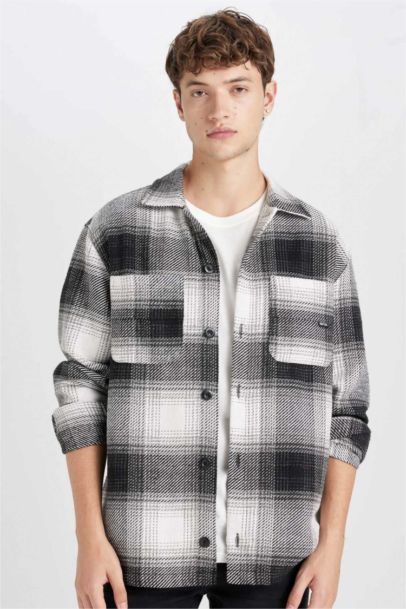 Black Relax Fit Polo Collar Plaid Lumberjack Shirt Jacket