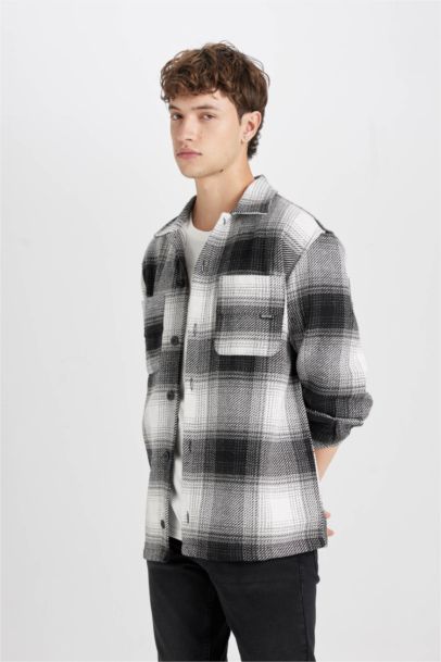 Black Relax Fit Polo Collar Plaid Lumberjack Shirt Jacket