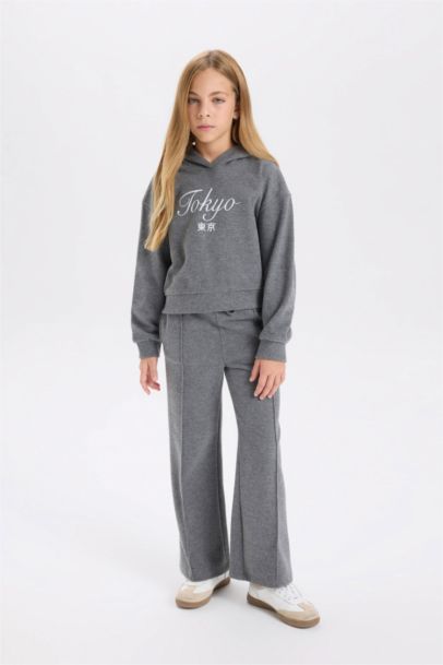 Kapüşonlu Baskılı Selanik Kumaş Sweatshirt Kız Çocuk