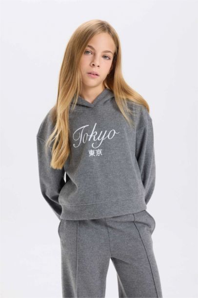 Kapüşonlu Baskılı Selanik Kumaş Sweatshirt Kız Çocuk