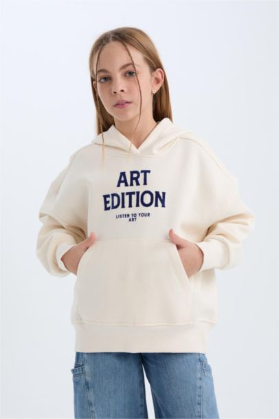 Oversize Geniş Kalıp Kapüşonlu Baskılı İçi Yumuşak Tüylü Sweatshirt Kız Çocuk