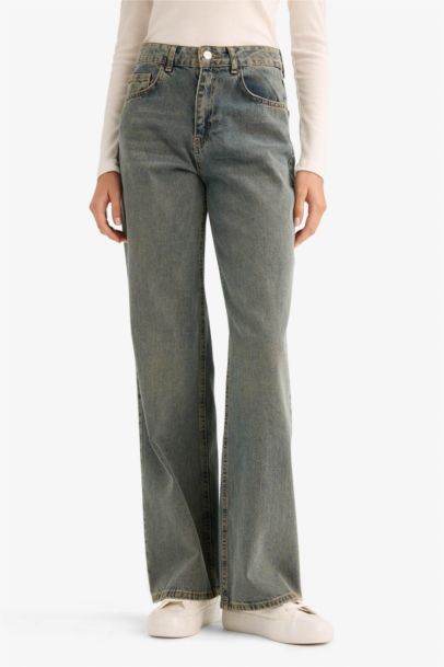 Straight Wide High Waist Long Washed Jeans
