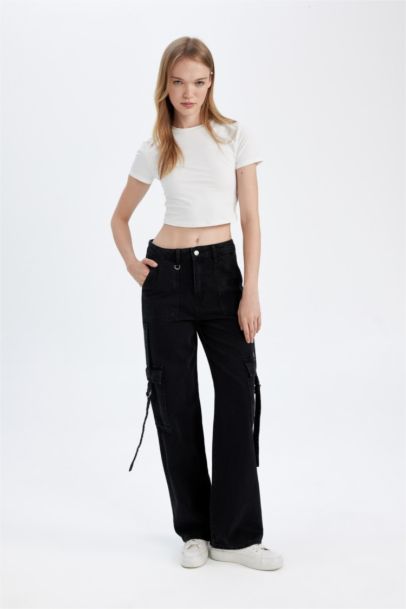 Pantalon Jean Cargo à taille haute et jambes larges