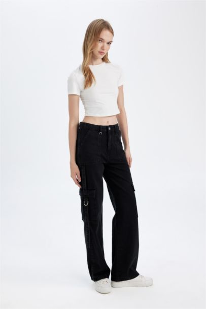 Pantalon Jean Cargo à taille haute et jambes larges