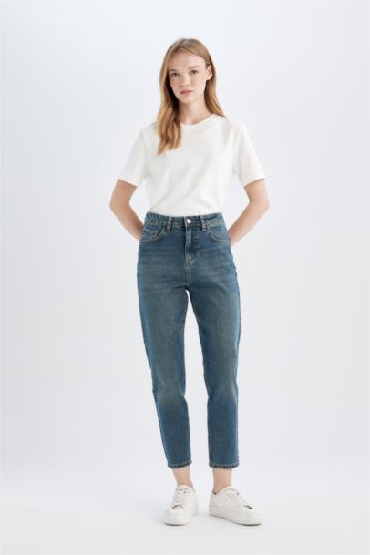 Pantalon Jean Mom Fit Taille Haute Délavé pour Fille