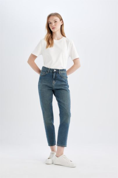 Pantalon Jean Mom Fit Taille Haute Délavé pour Fille