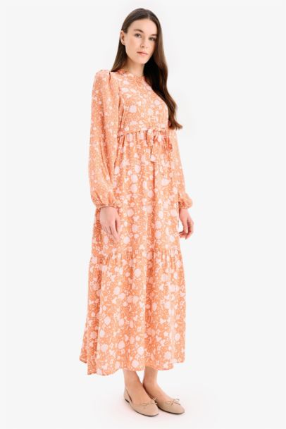 Major Collar Patterned Long Sleeve Maxi Modest Dress