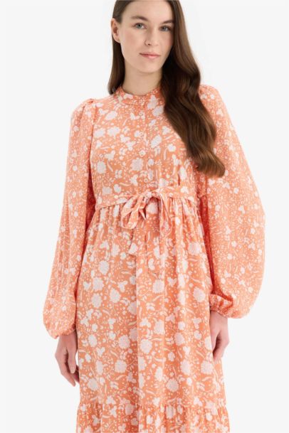 Major Collar Patterned Long Sleeve Maxi Modest Dress