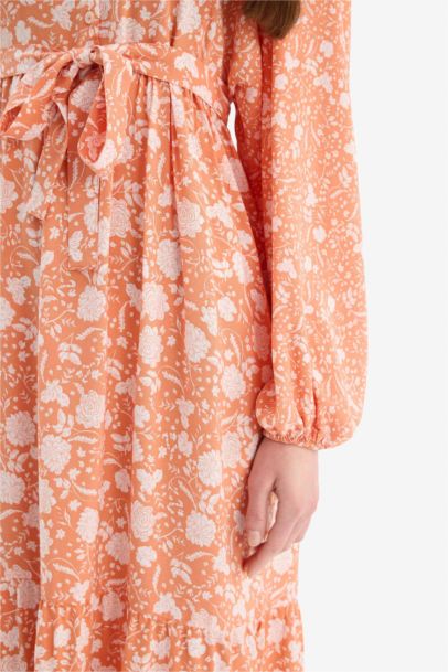 Major Collar Patterned Long Sleeve Maxi Modest Dress