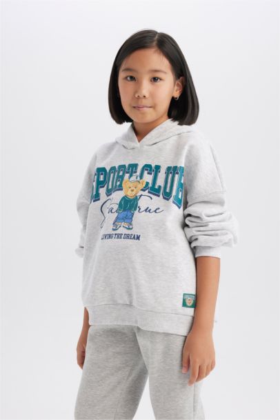 Oversize Geniş Kalıp Kapüşonlu Baskılı Sweatshirt Kız Çocuk